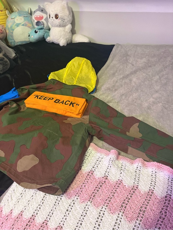 Stone Island Jackets & Blazers - Camo Off-white Hooded running Jacket  Yellow Hood and Orange 'KEEP BACK' Patch
